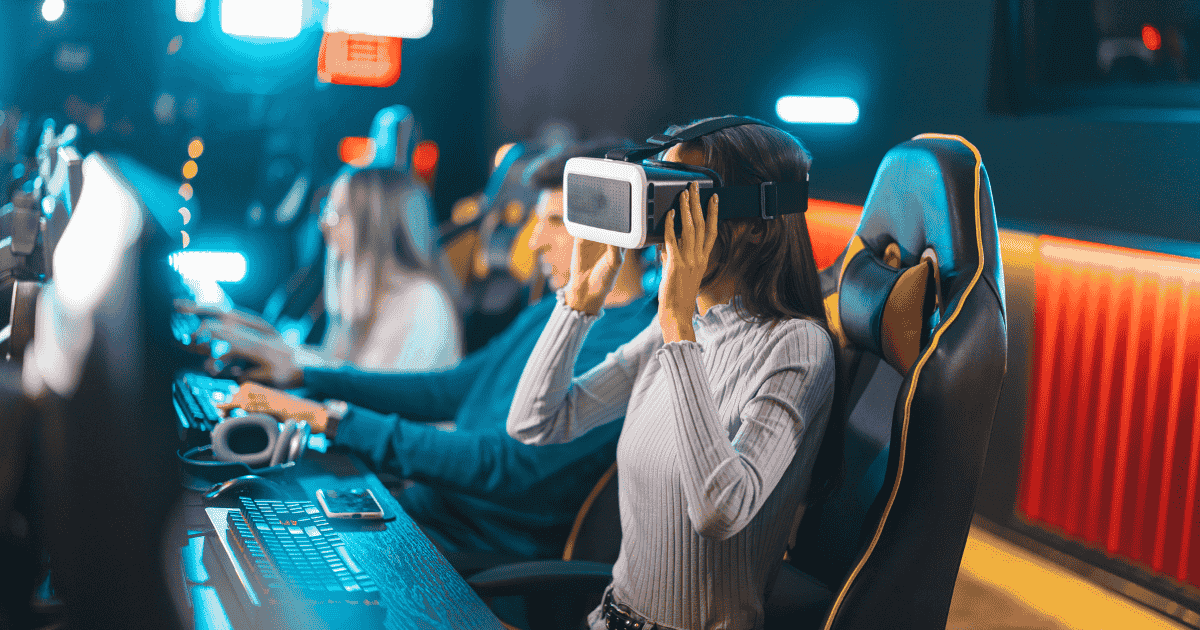 Group of attendees using virtual reality headsets for augmented reality activities at an interactive event setup