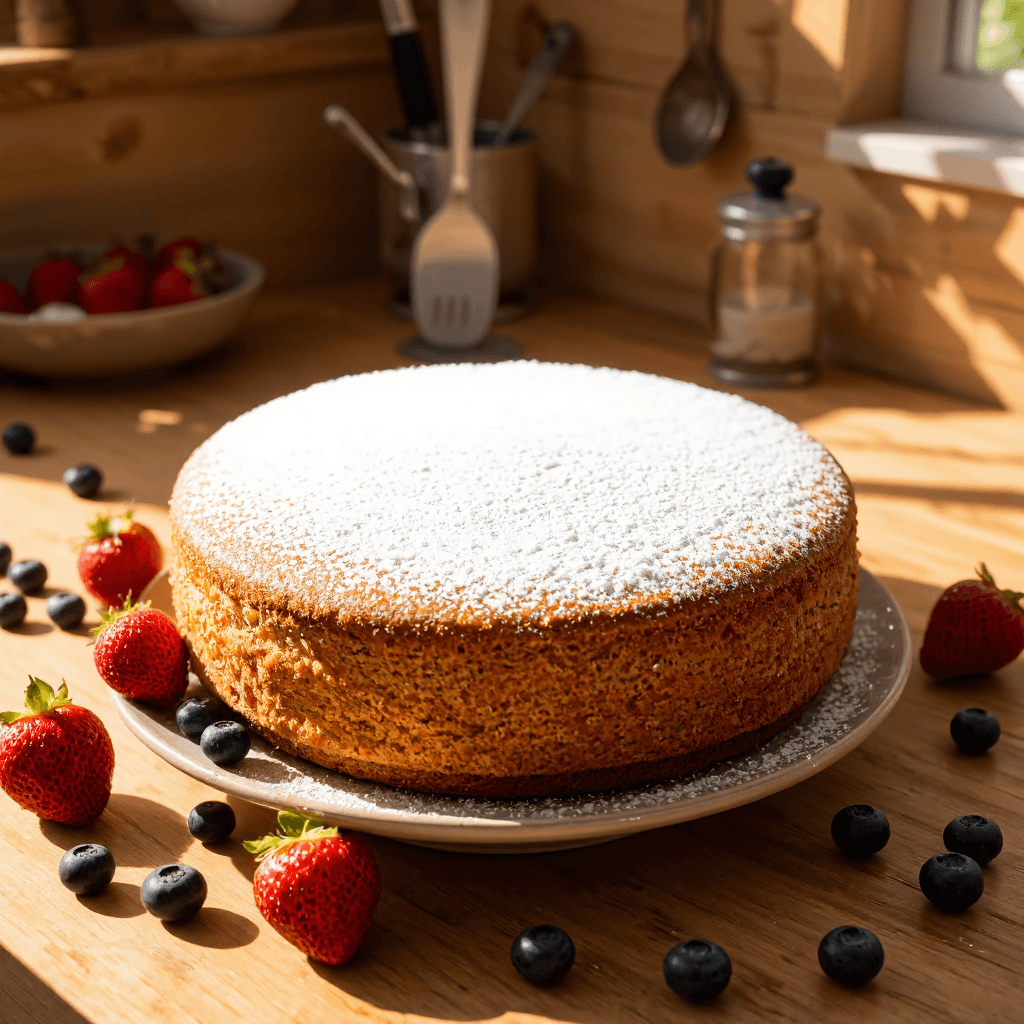 product photography of a round cake with powdered sugar topping, served on a decorative plate