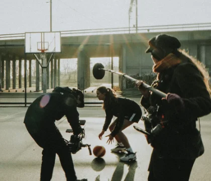 Behind the scenes shot of a film production crew