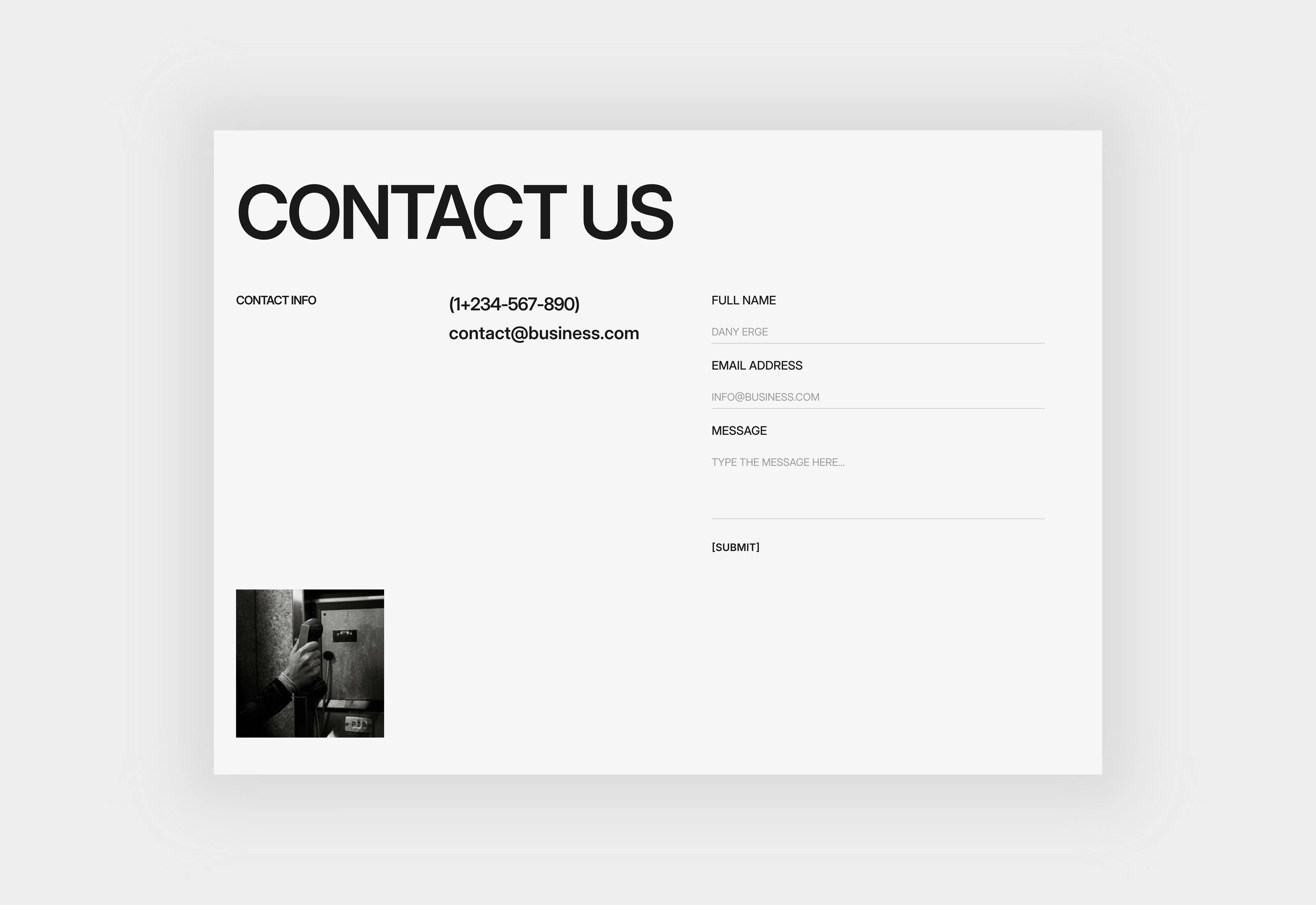 A light themed large text styled minimal aesthetic contact us page section.