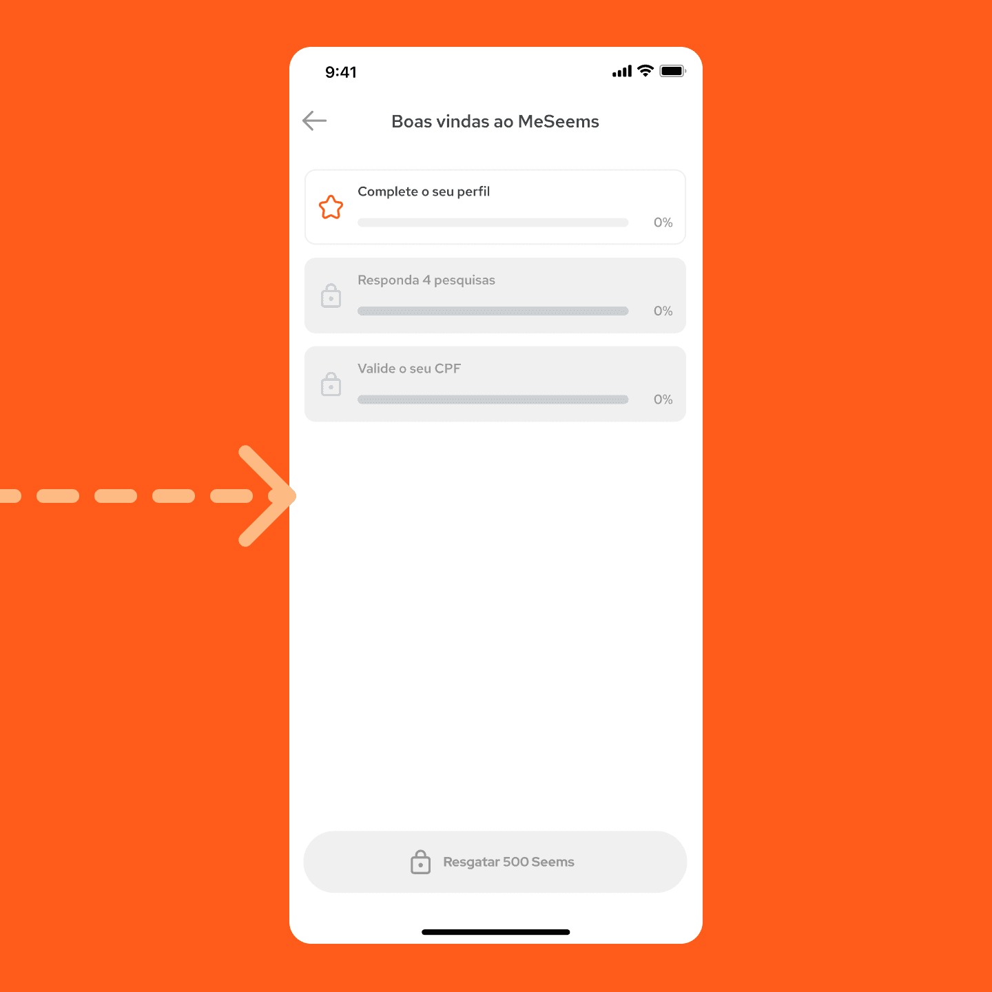 Tela com as etapas para ganhar mais pontos: 'Complete seu perfil', 'Responda 4 pesquisas' e 'Valide o seu CPF'