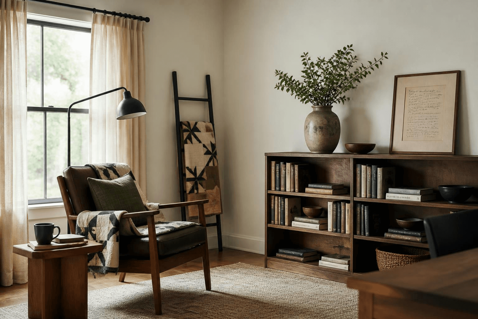 Cozy reading nook with wooden armchair, side table, floor lamp, bookcase, framed art, and neutral curtains in a softly lit room.