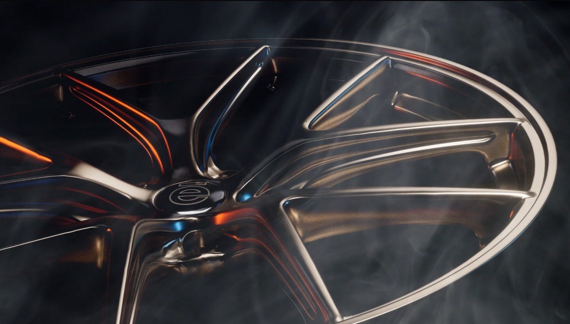 Cinematisches 3D-Rendering einer Felge mit Bronze-Finish und dramatischer Gegenlichtinszenierung