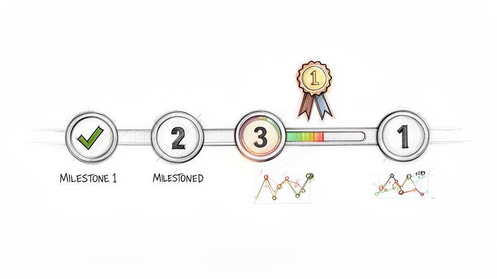 Sketch of a project timeline showing milestones with a checkmark, progress bar, and achievement medal.