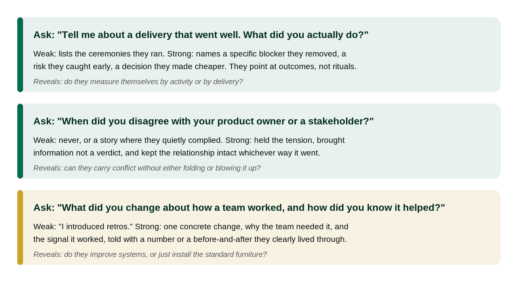Three questions to ask when hiring a Scrum Master and what each weak or strong answer reveals about outcomes versus rituals.