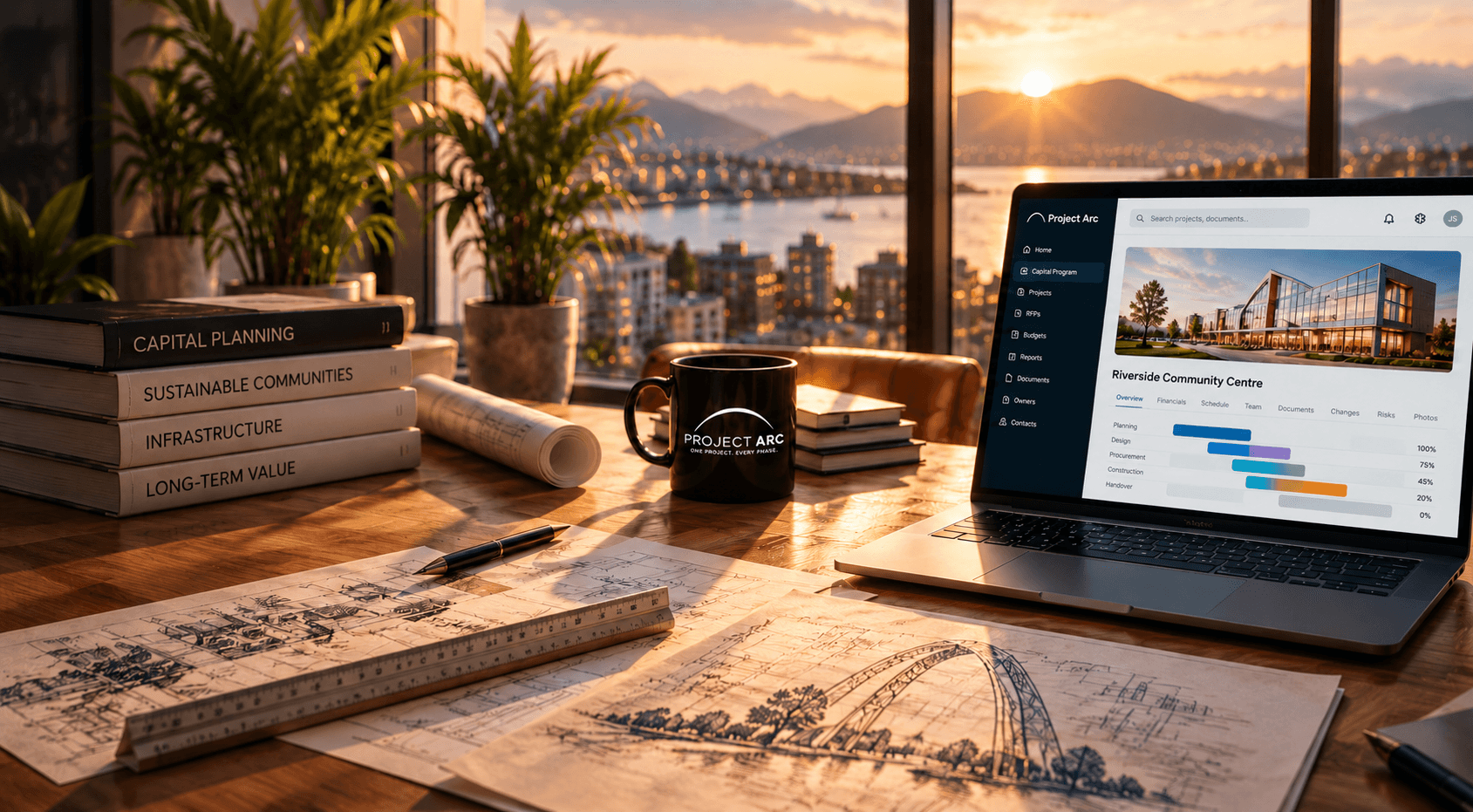 Architectural office at sunset with project drawings, a Project Arc branded mug and laptop overlooking water and mountains.