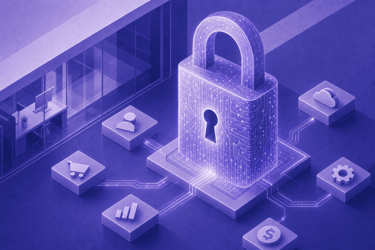 A dramatic conceptual illustration of a large padlock made of glowing digital data streams and circuit board patterns, anchored to a sleek modern office environment with interconnected business systems visible in the background, representing data lock-in and platform consolidation, deep blue and amber color palette, cinematic lighting, clean modern style, no text