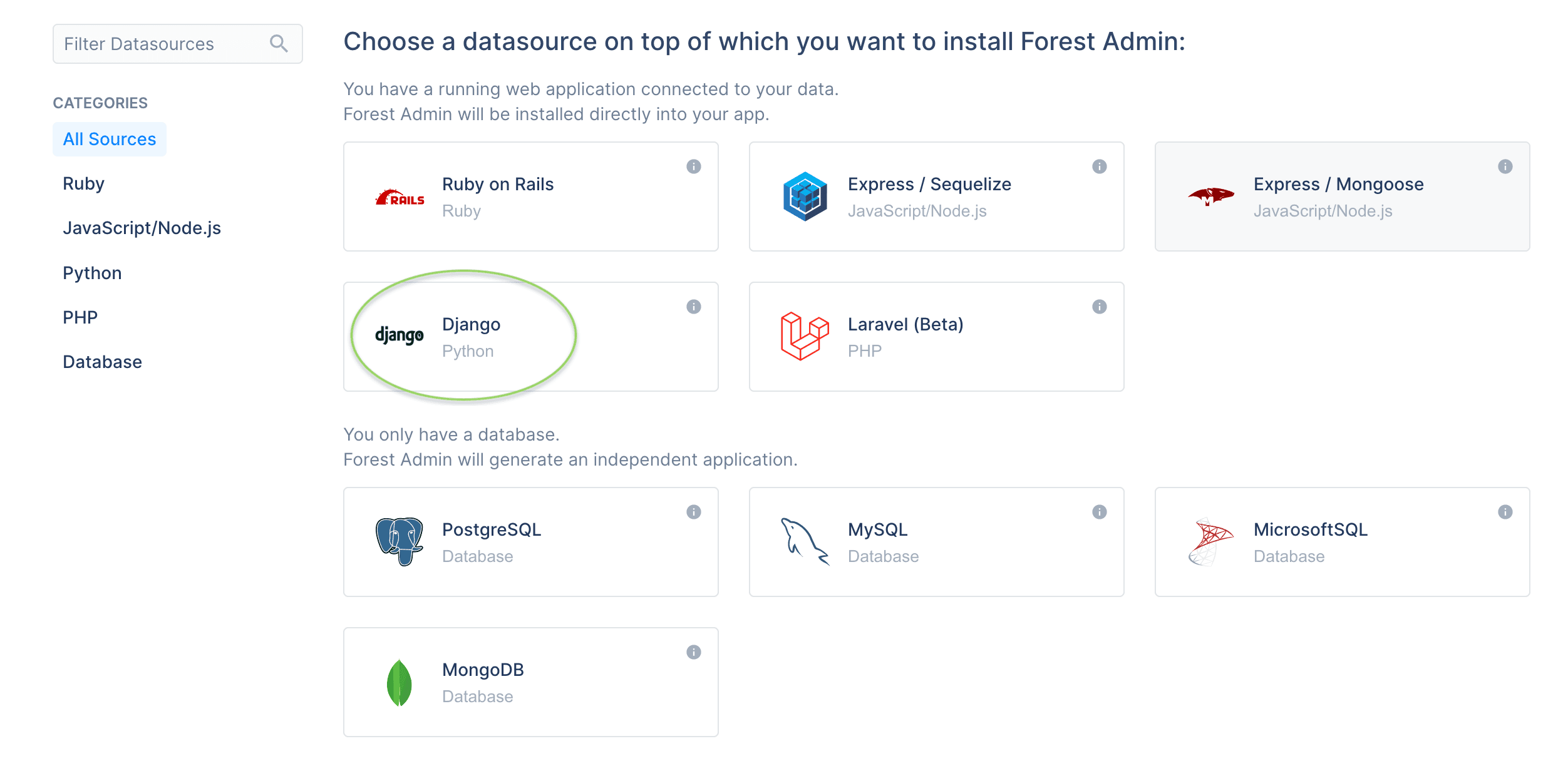 The Forest Admin onboarding data source selection.