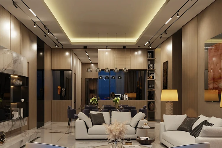 Elegant open-plan living room in Sobha Seahaven featuring marble floors and high-end designer finishes.