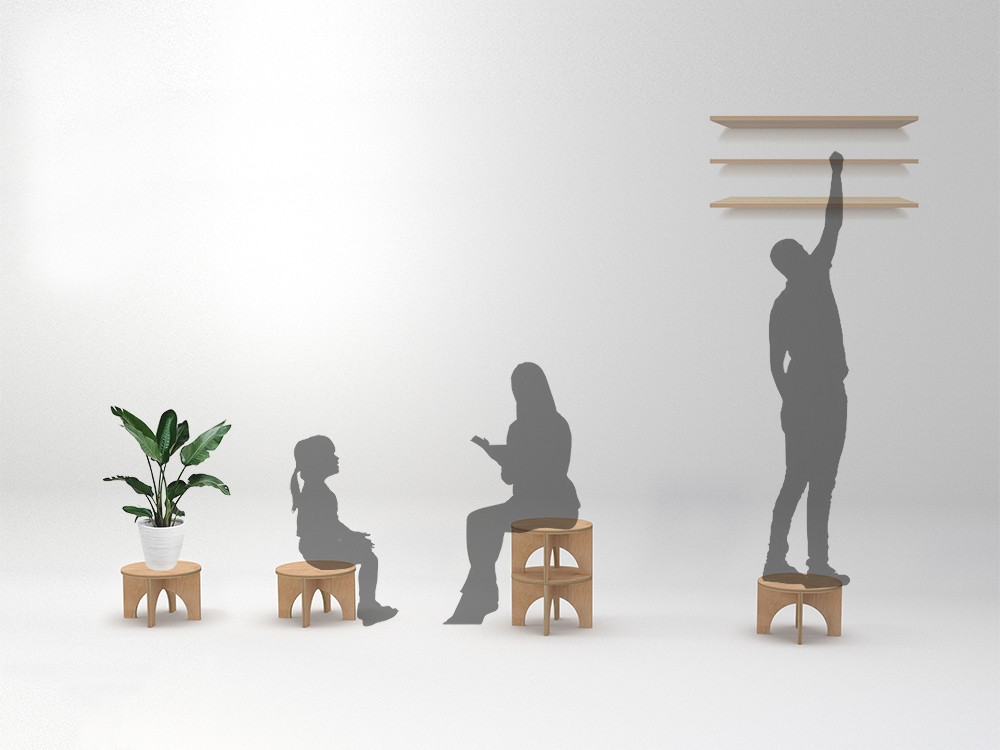 사람 실루엣과 비교한 1+1=1 스툴 스케일 가이드 – 높이와 크기 이해를 돕는 실용적 디자인, Studio Underscore