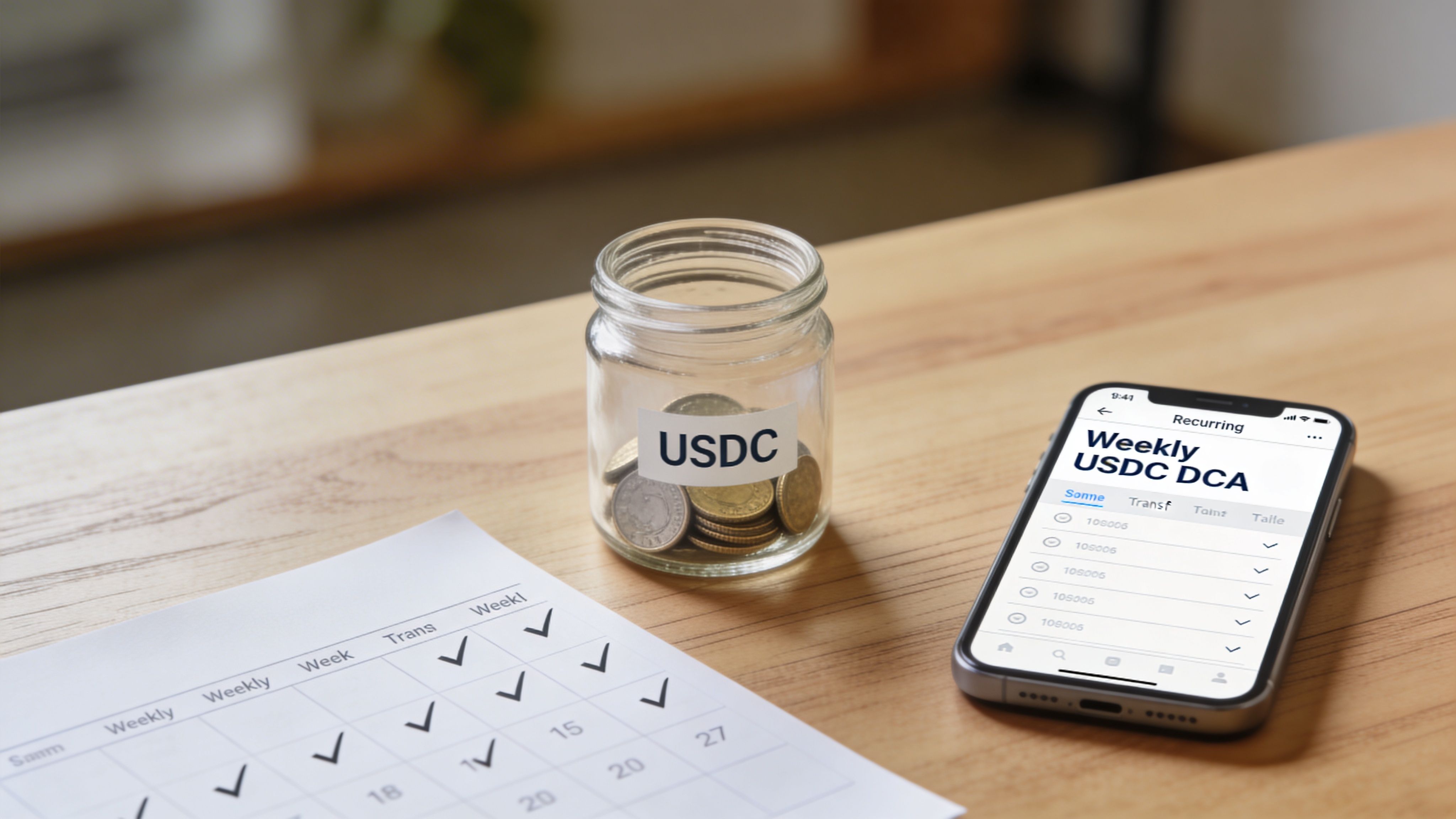 A glass jar labeled USDC with coins inside next to a phone displaying a recurring investment app.