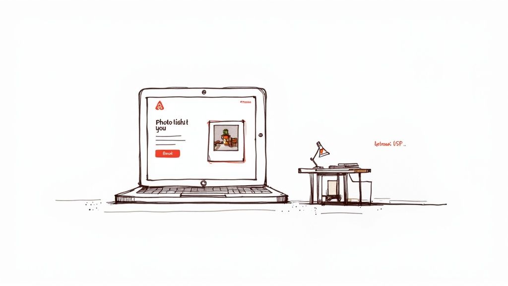 Hand-drawn sketch of a laptop displaying an Airbnb photo listing interface next to a small desk with a lamp.