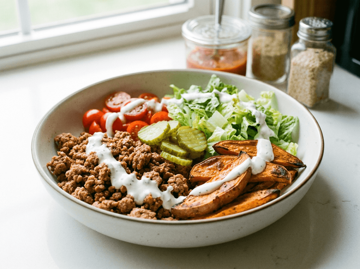 Deconstructed turkey burger bowl with sweet potato and romaine