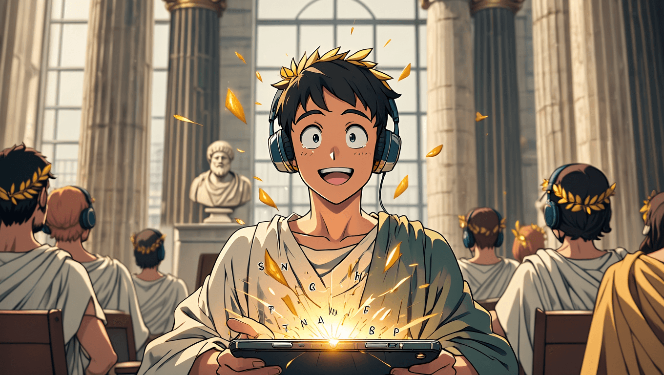 Victorious student acing a Spanish quiz on a glowing smartphone, golden sparks swirling with Spanish words