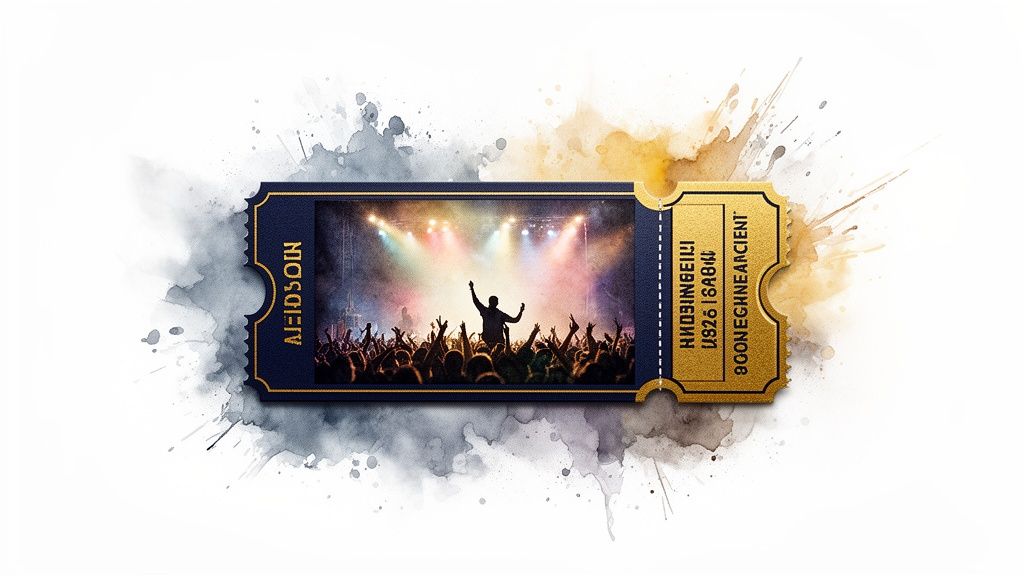 A gold and blue concert ticket featuring a live event with a performer silhouette and a cheering crowd.