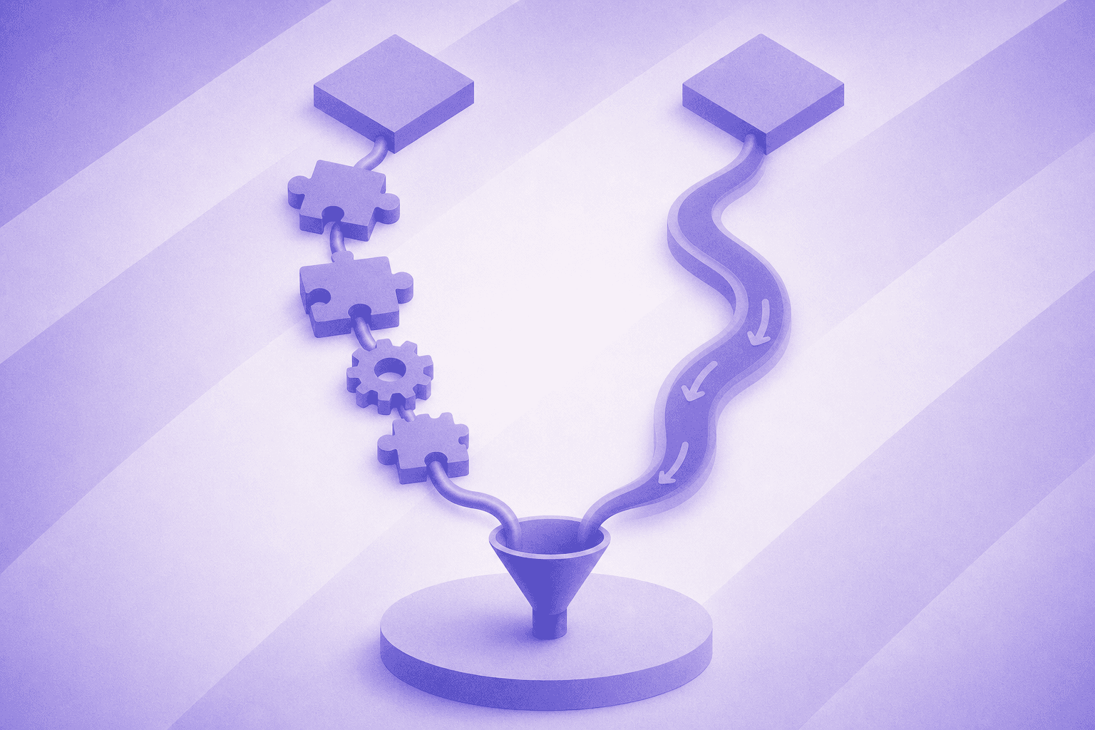 A clean, modern flat design illustration showing two parallel workflow paths side by side, one representing a complex manual assembly of connected puzzle pieces and gears symbolizing custom-built automation, the other a streamlined single integrated pipeline with smooth flowing arrows, both paths leading to the same destination funnel, rendered in soft blues, purples, and greens on a white background, no text or labels