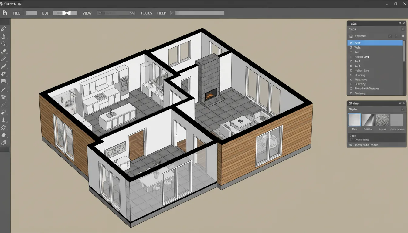 A screen capture of the SketchUp 3D modeling software, Clean Light Mode, showing an architectural model of a modern house. The main canvas displays a top-down isometric section cut of the building, revealing the detailed interior floor plan with kitchen, bathroom, and living spaces. The structure has wood-paneled exterior walls and a tiled floor. The interface includes a vertical toolbar of modeling icons on the left, a top toolbar with navigation tabs containing abstracted text, and floating palettes for 'Tags' and 'Styles' on the right side over a muted tan background.
