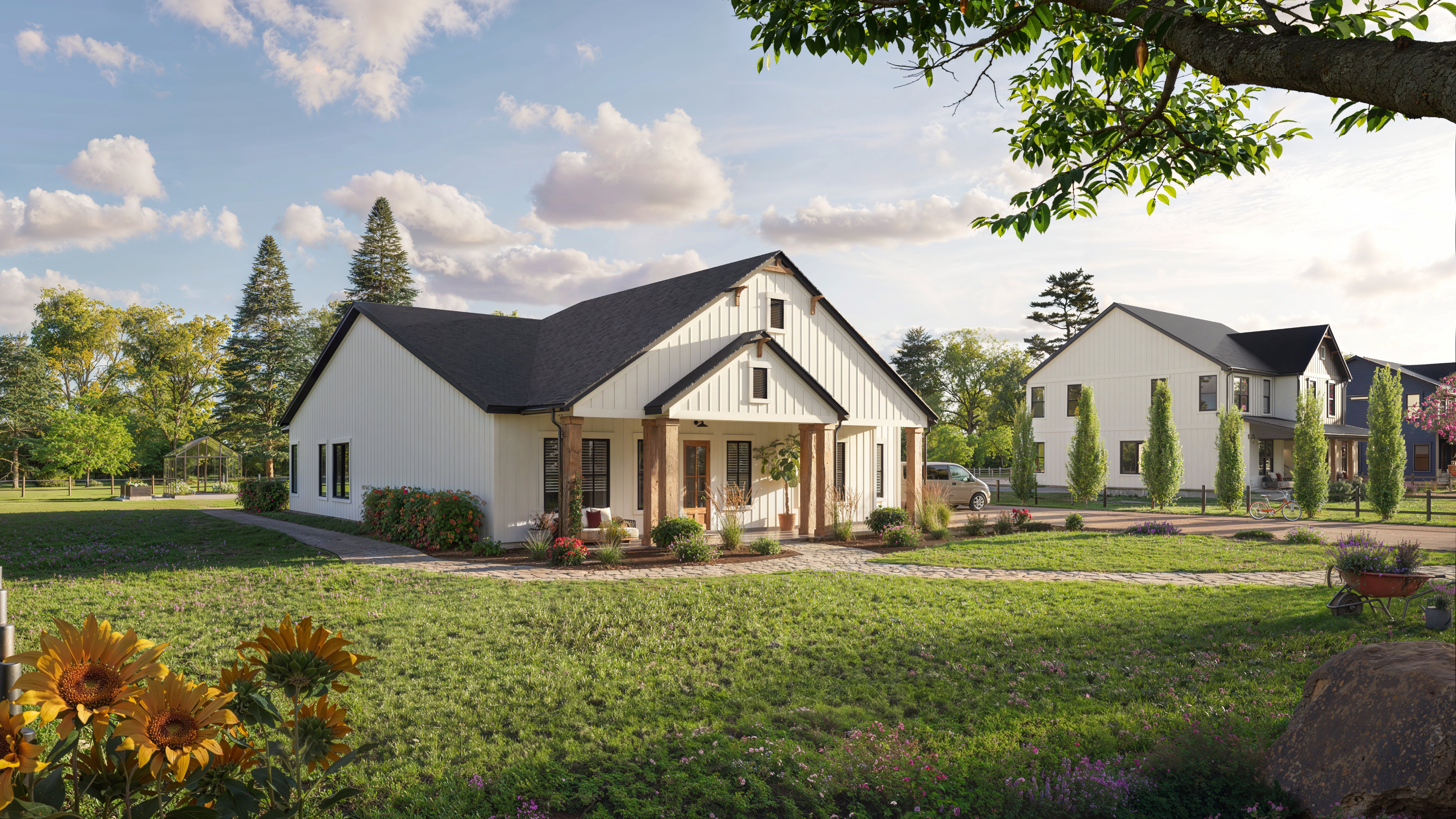 Sunlight streaming through lush green trees, casting shadows on a modern architectural building with glass panels and vertical wooden slats.