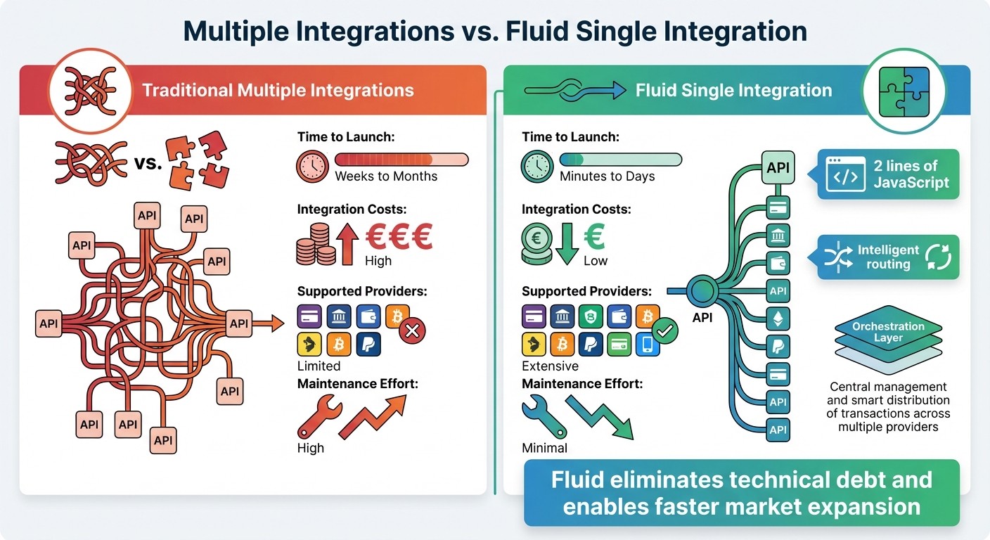 Traditional Multiple Payment Integrations vs Fluid Single Integration Comparison