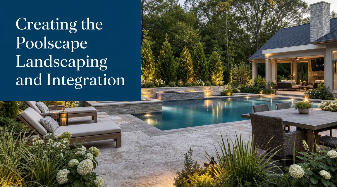 A luxurious backyard swimming pool with professional landscaping, stone patio, and comfortable outdoor furniture at dusk.