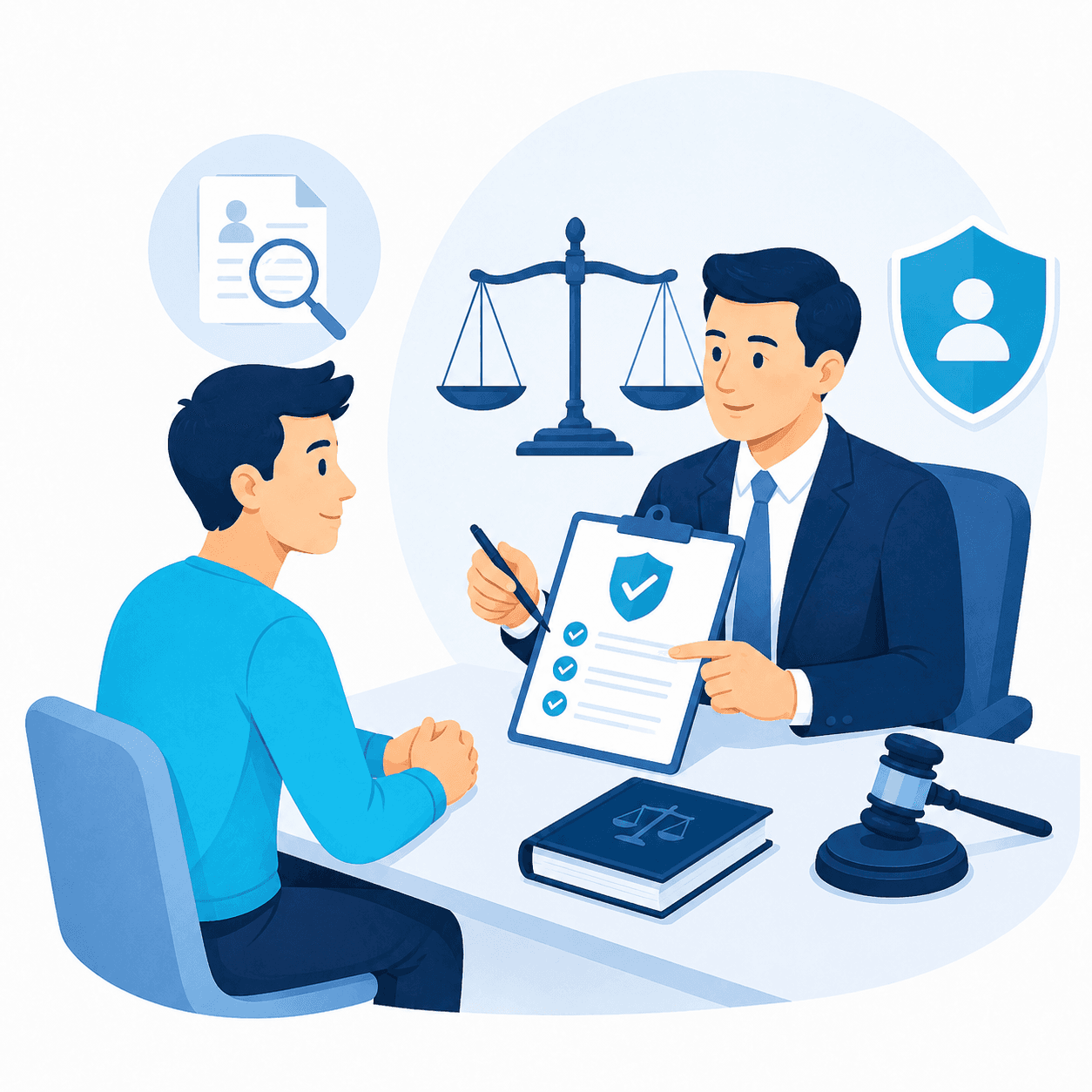 Cartoon illustration of a client receiving legal advice about criminal record and character concerns for a Prospective Marriage Visa application