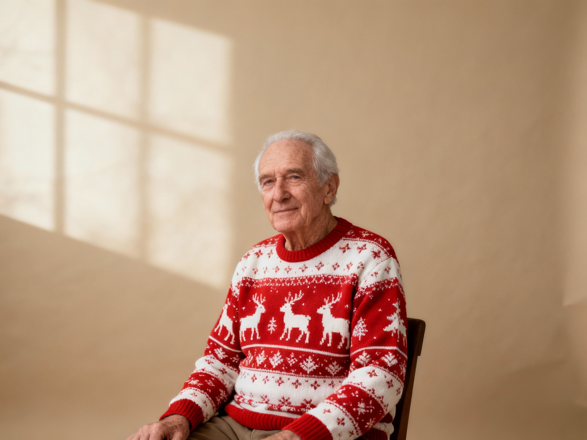 A minimalist studio portrait of an elderly man wearing a classic red and white Christmas sweater
