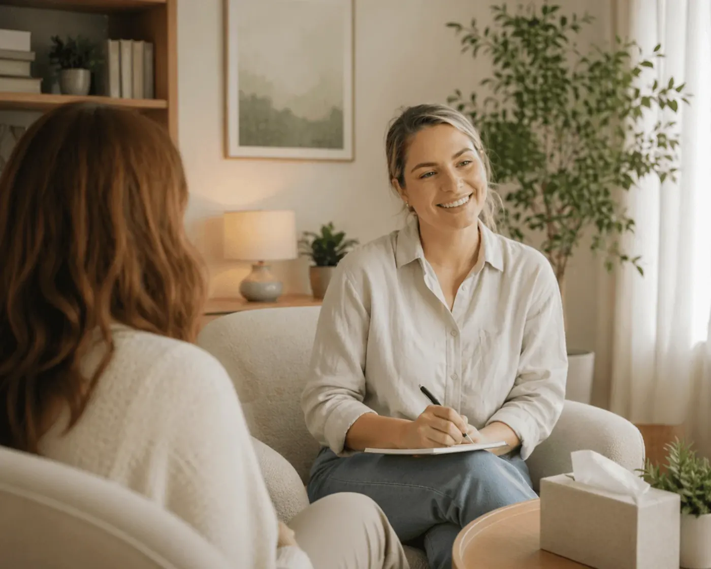 Therapist speaking with a client in a bright counseling office