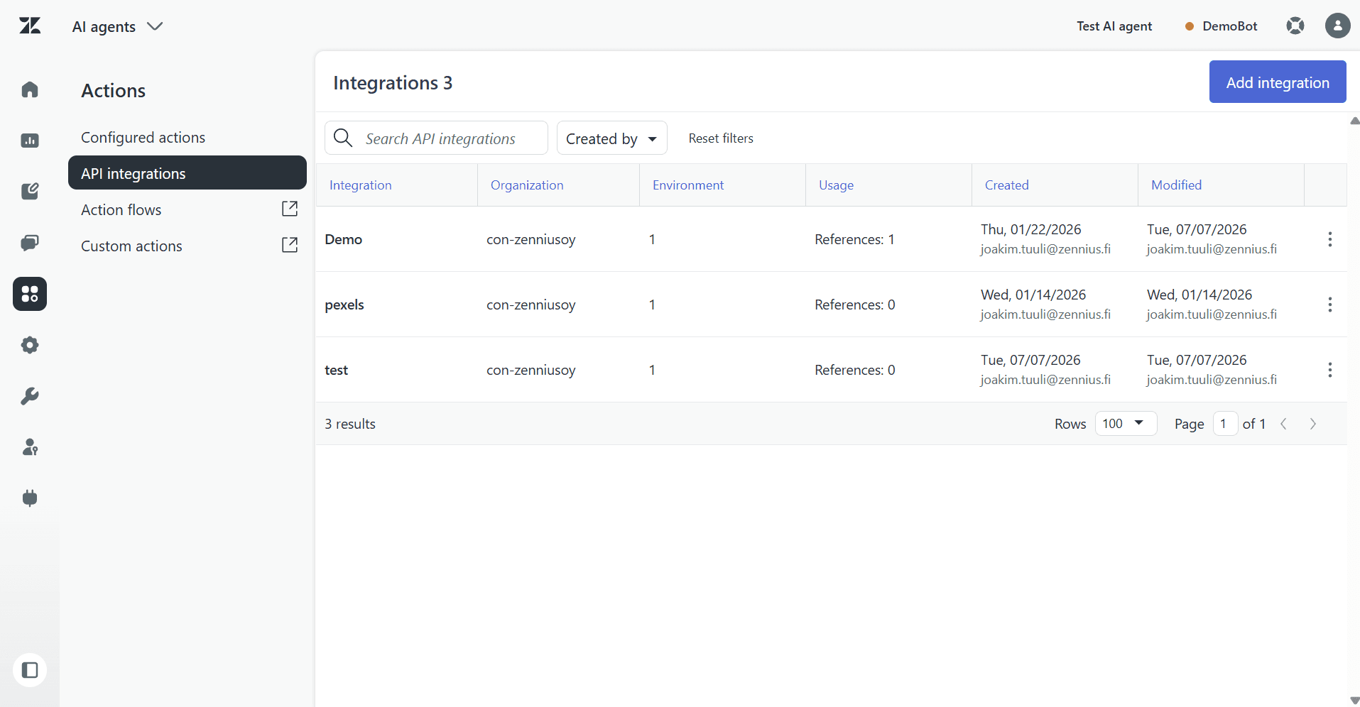 Kuvakaappaus API integrations -listauksesta AI agents -työtilassa.