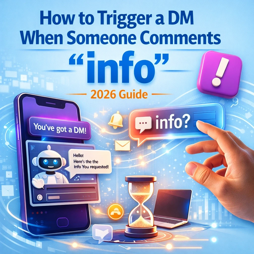 Illustration titled “How to Trigger a DM When Someone Comments ‘info’ – 2026 Guide” showing Instagram DM automation, with a smartphone displaying a chatbot sending an instant message, a hand tapping an “info?” comment bubble, notification icons, and a modern digital marketing background representing automated Instagram engagement and lead generation.