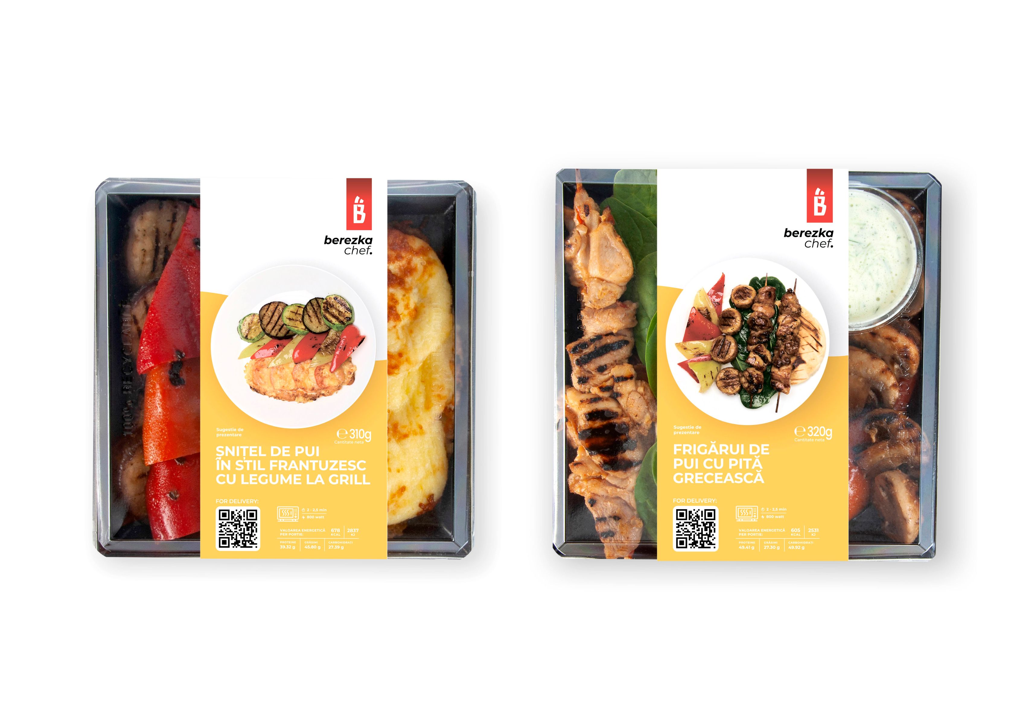 Berezka Chef grilled meal packaging — French-style chicken schnitzel with grilled vegetables and Greek chicken skewers. Rectangular containers with yellow labels