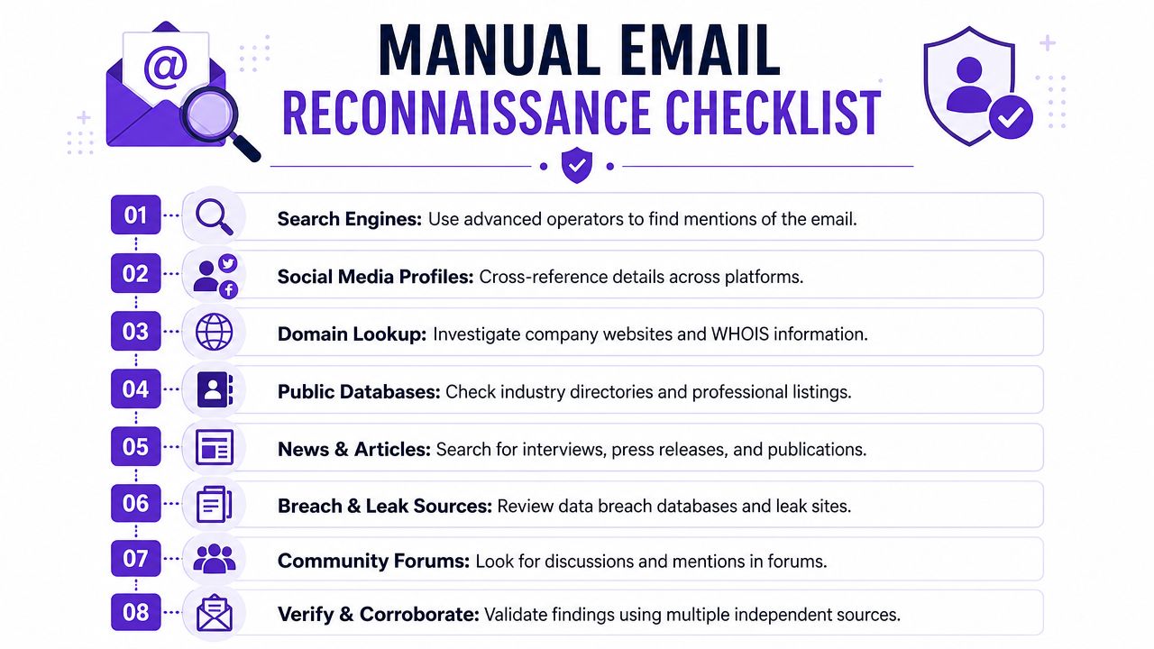A structured checklist infographic outlining eight essential manual steps for conducting email address reconnaissance and investigation.