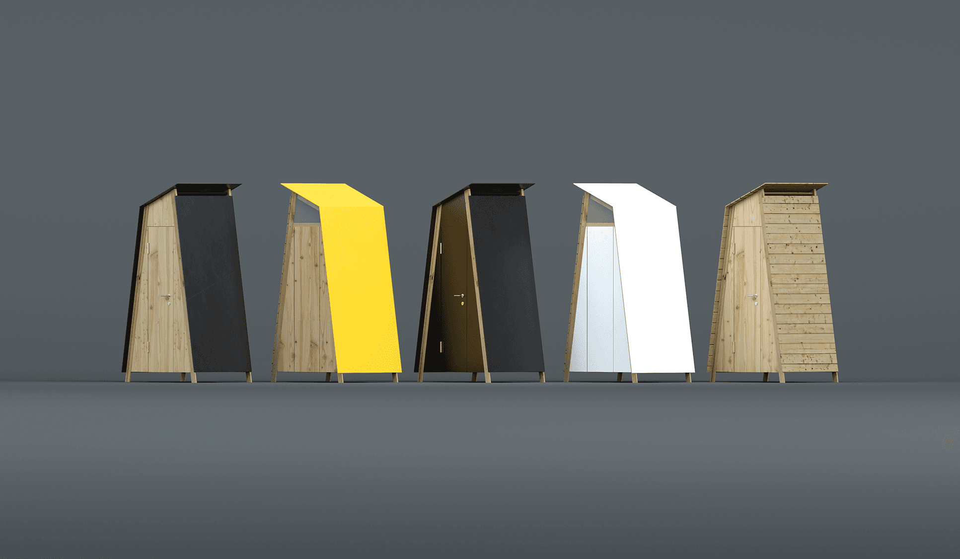 Five FESTA composting toilets lined up in black, yellow, dark grey, white and natural wood, showing the color range.