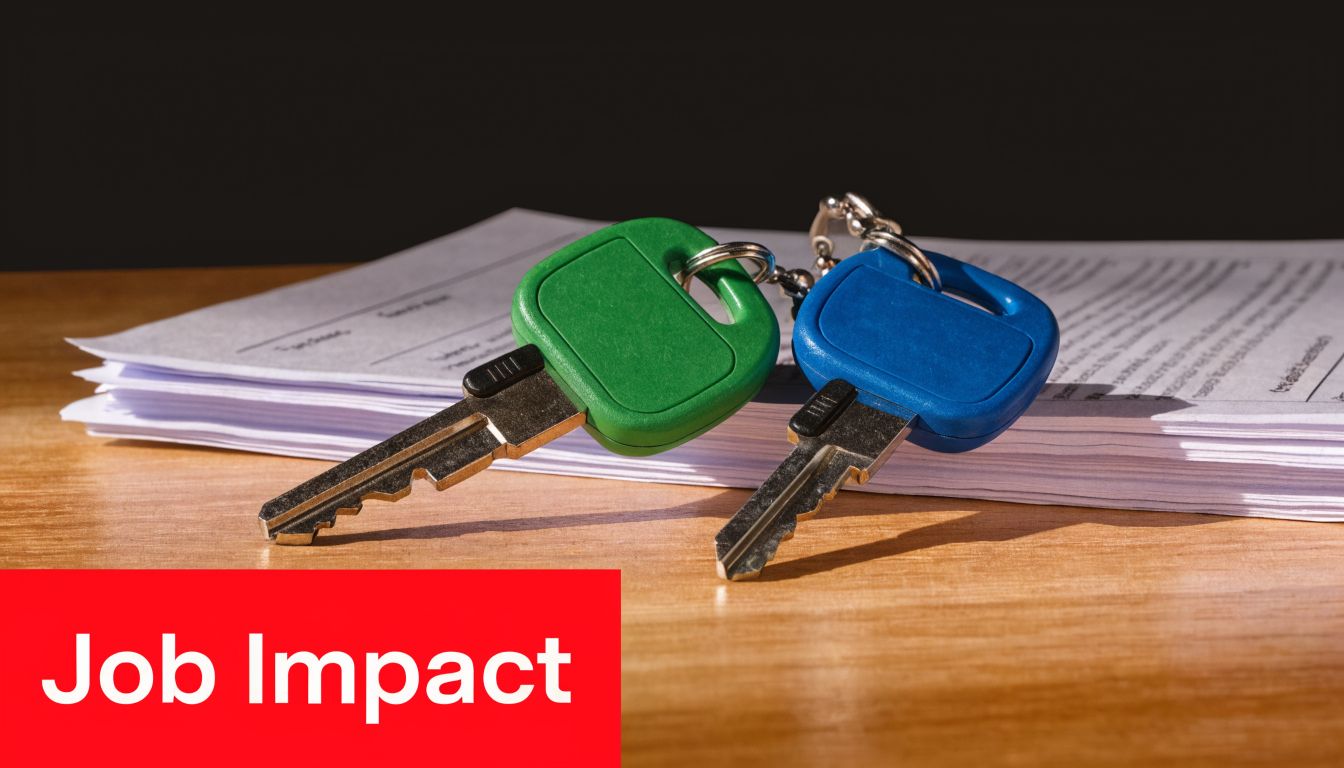 Two keys with green and blue plastic heads resting on a stack of documents on a desk.