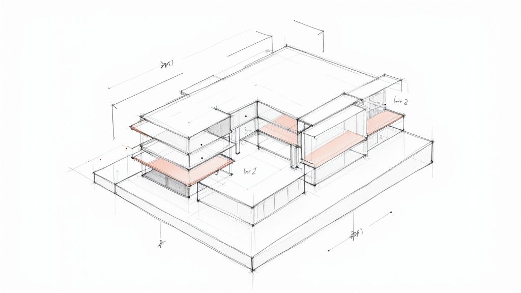 A hand-drawn architectural sketch showing a multi-level building with highlighted sections and dimensions.