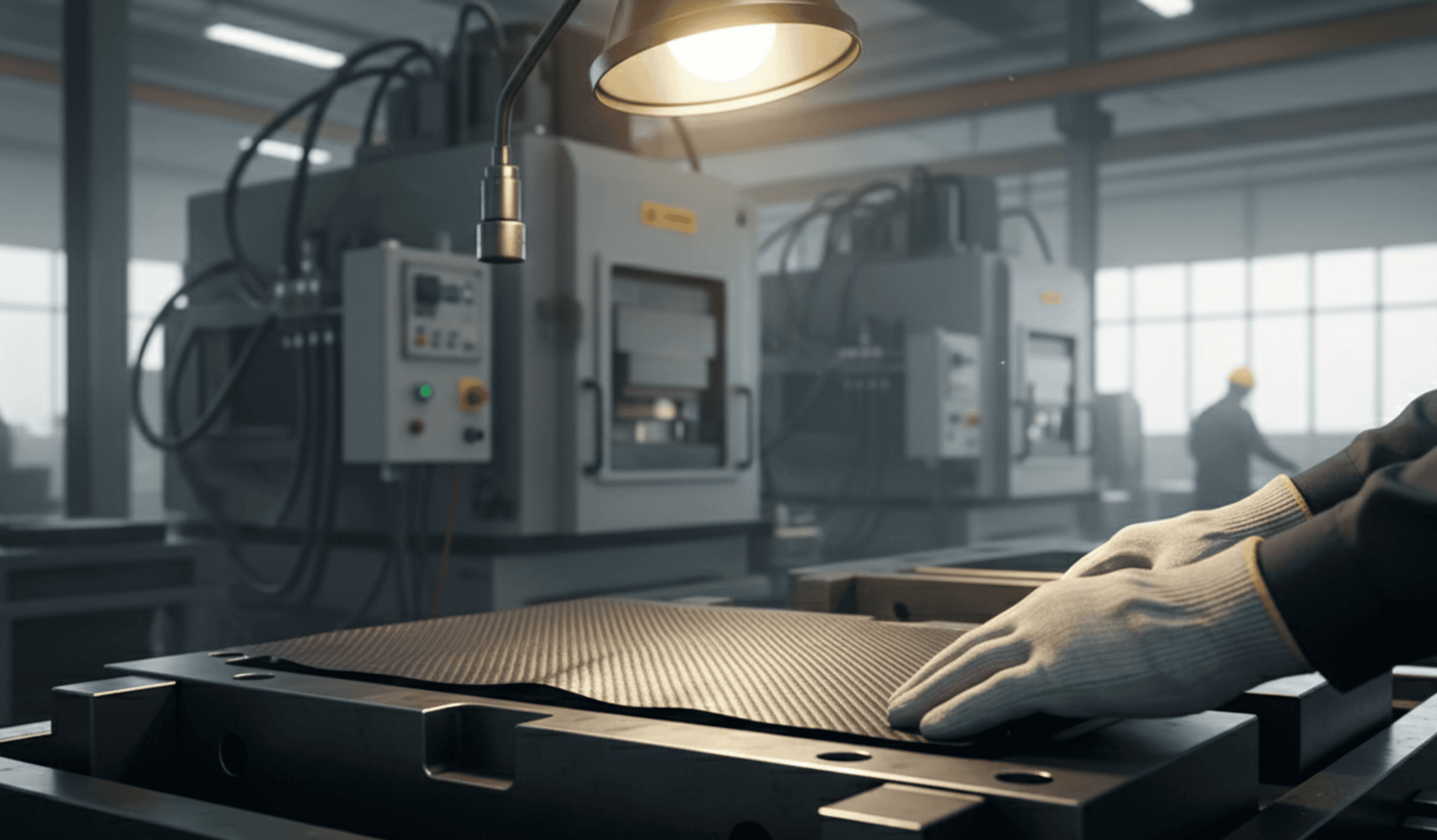 Factory worker handling high-performance carbon fibre sheets, showcasing the industrial application of advanced composite materials, by Automech Group
