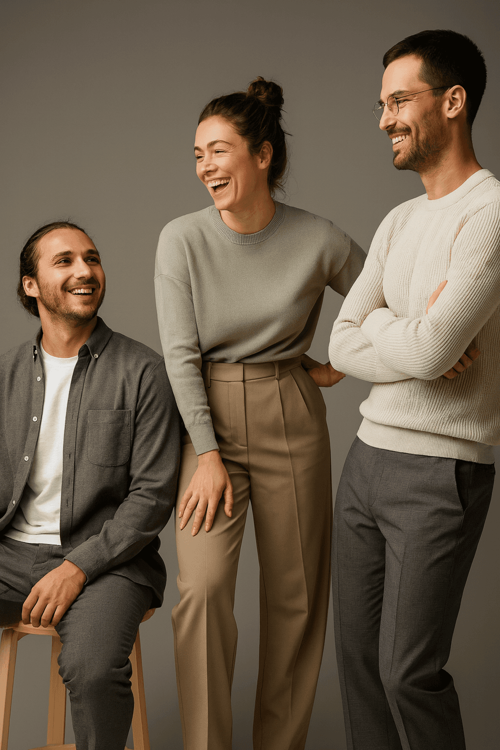 Team members smiling together in studio portrait
