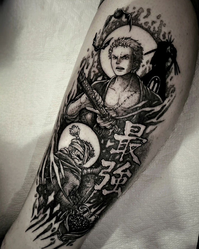 Bold blackwork tattoo of Roronoa Zoro battling an undead samurai, featuring striking contrasts and intricate linework by Unseen Hues