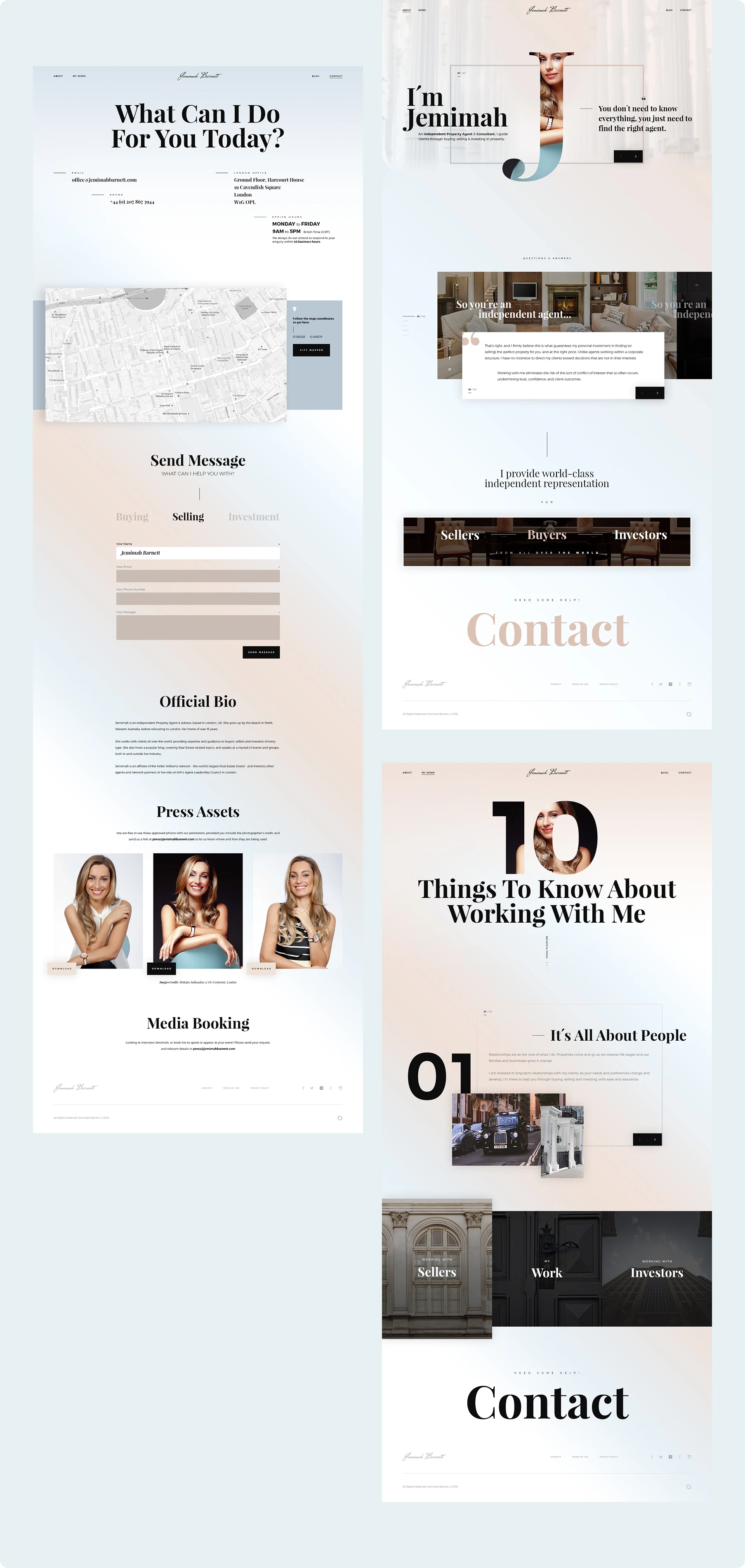 Tall collage of pastel personal portfolio website mockups, featuring portraits, maps, contact sections, project thumbnails, and elegant typography.