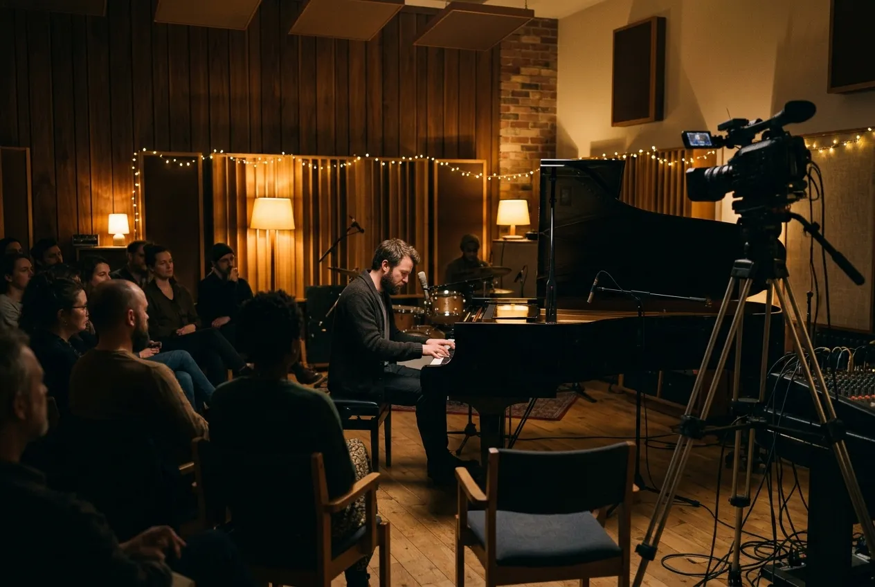 A solo piano evening in the live room, with a small seated audience
