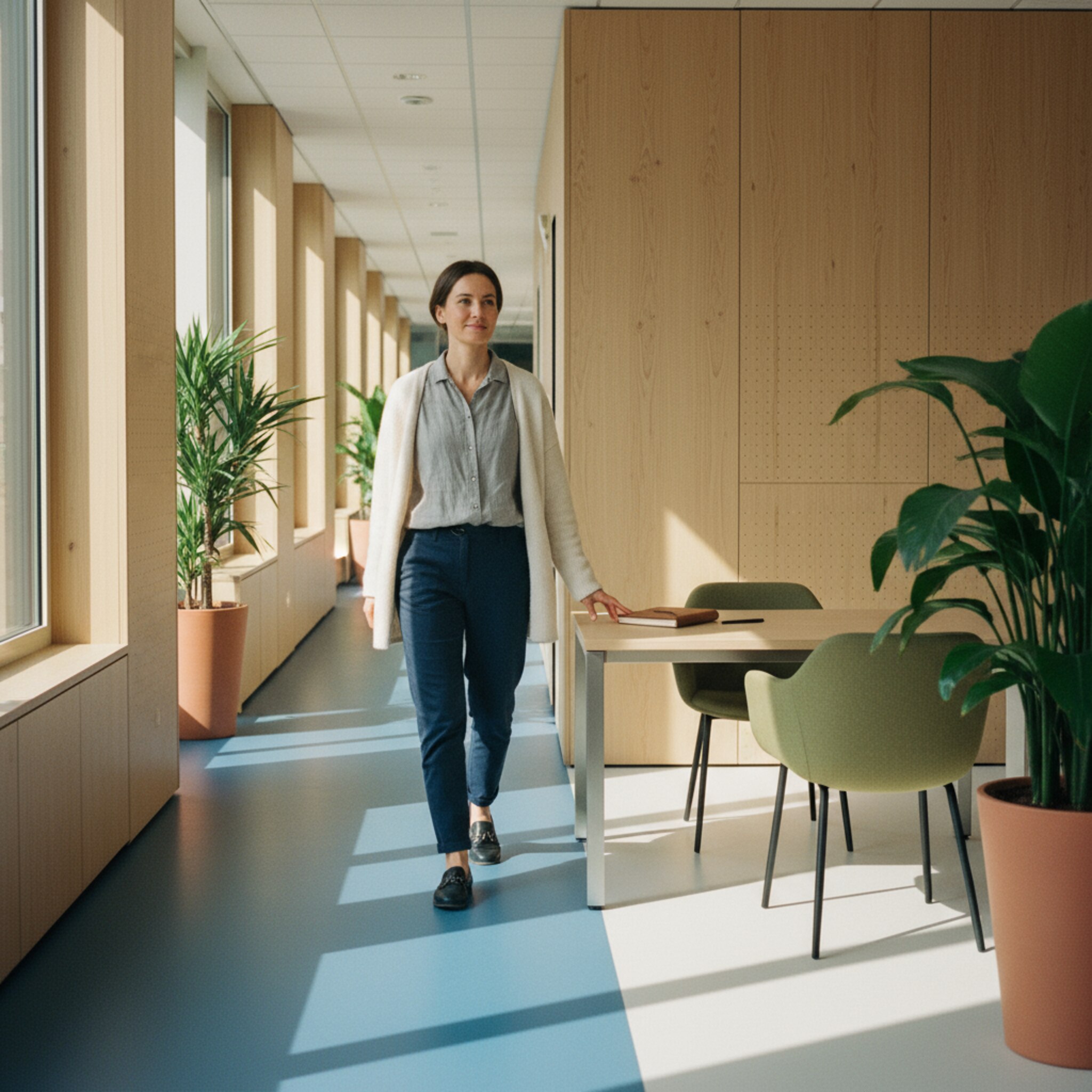 Ein Besucher geht einen Korridor entlang und findet schnell den gewünschten Arbeitsplatz in einer ruhigen Zone. Markante Bodenfarben trennen Bereiche, Pflanzen strukturieren Sichtachsen. Er legt Notizbuch und Stift ab und setzt sich mit einem zufriedenen Blick. Die Orientierung im Raum fällt leicht und selbstverständlich.