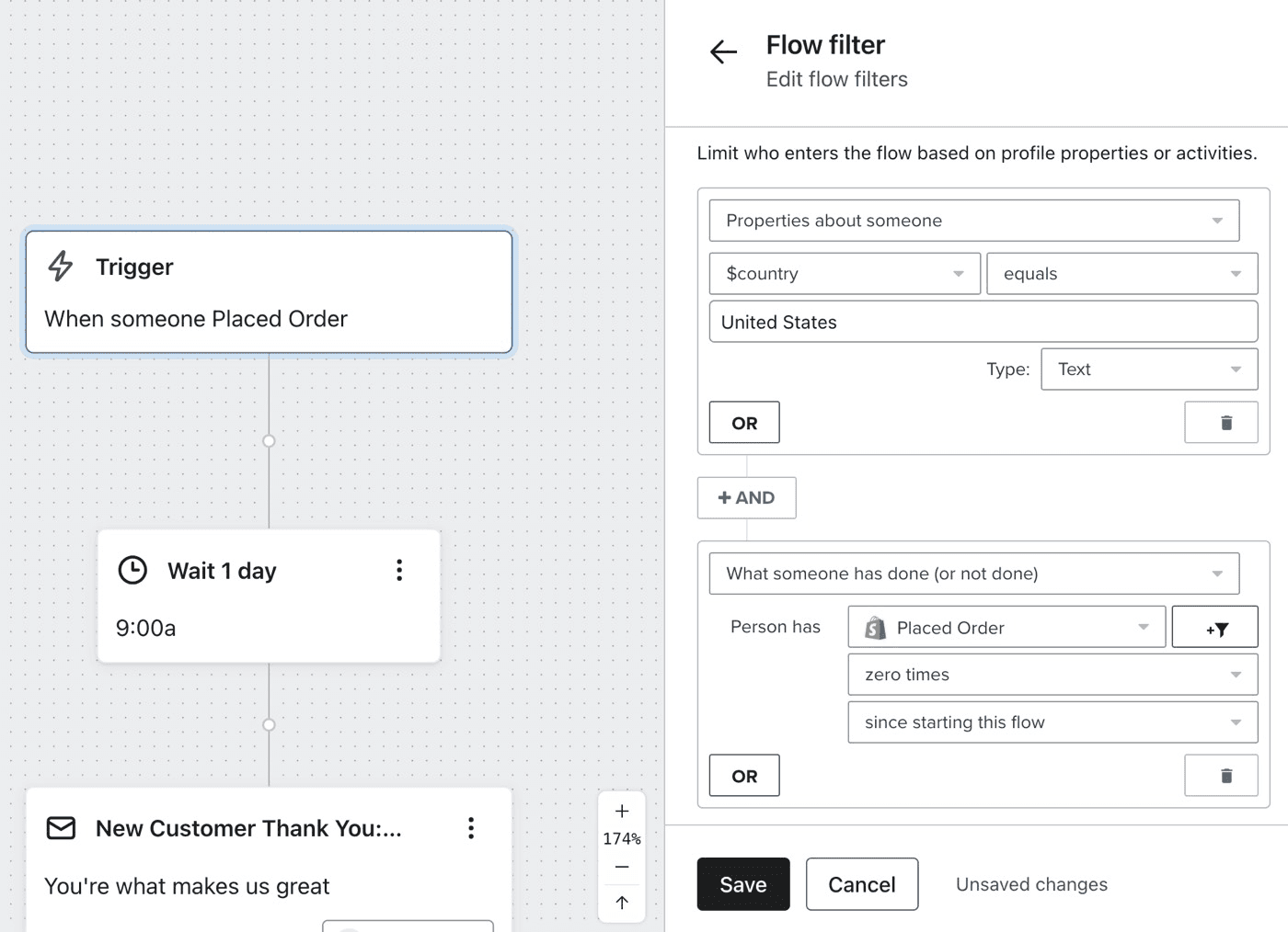 Configure Filters.jpg: "Flow filter settings in Klaviyo, allowing segmentation by country and purchase history for targeted email flows."