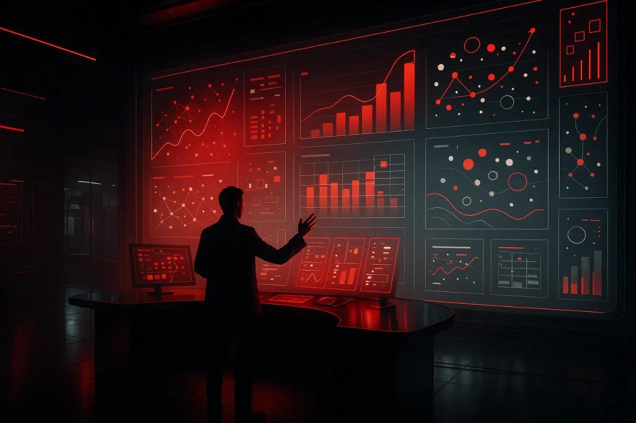 Silhouette analyzes data charts at RockN' Socials Digital Marketing Agency.