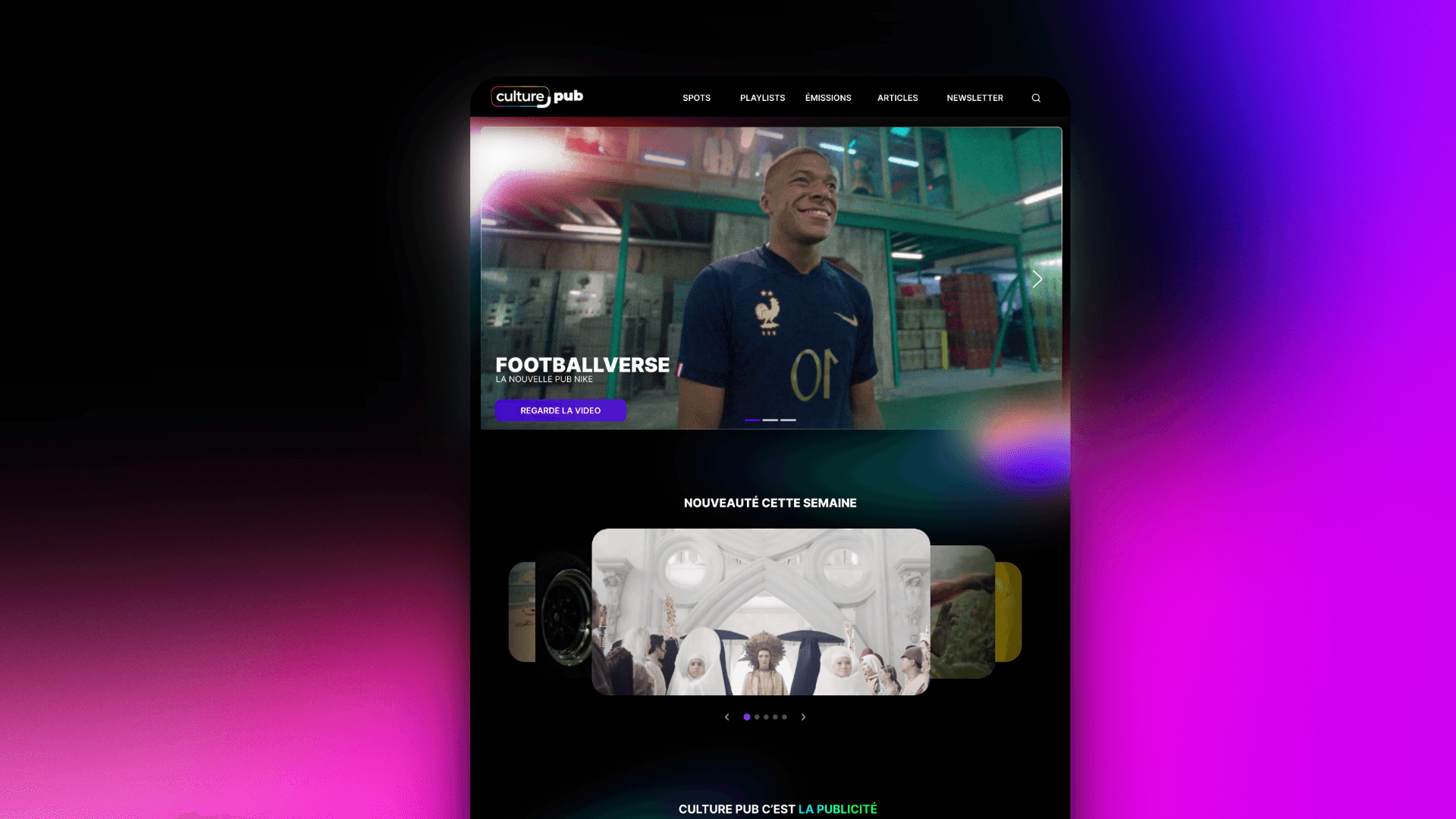 Interface de lecture vidéo de Culture Pub mettant en avant un contenu football sans publicité.