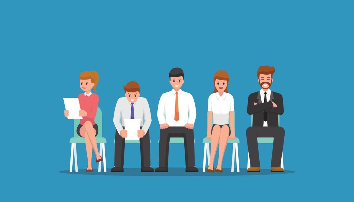 Illustration of five professionally dressed individuals seated in a row, some holding papers.