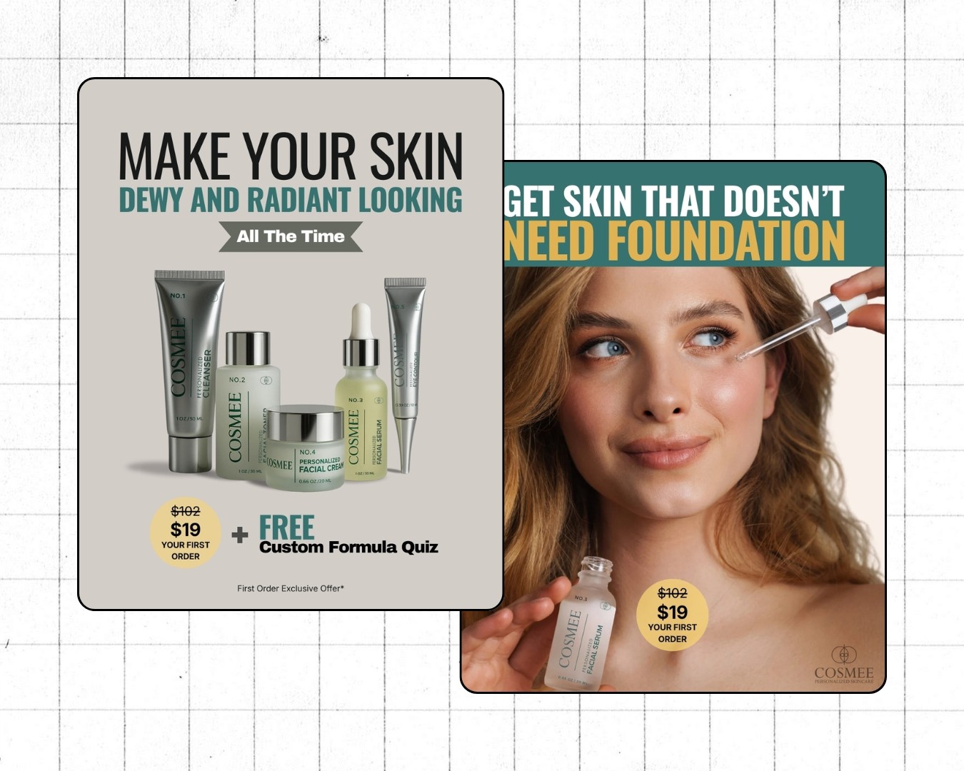 Portada del caso de estudio de Fresa Marketing mostrando los anuncios de Meta Ads creados para Cosmee Skincare, incluyendo creativos de before & after y productos de cuidado de la piel personalizados.