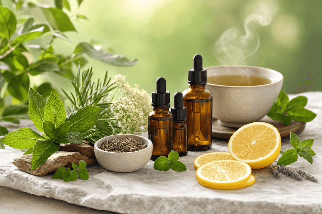 A serene still life featuring a collection of natural alternative Lyme disease treatment elements—fresh green herbs, amber essential oil dropper bottles, and sliced lemon arranged neatly on a smooth, pale natural stone surface. In the background, softly blurred, gently glowing green leaves and a bowl of herbal tea emit calming steam. The composition has a soothing, hopeful atmosphere with soft pastel lighting, modern clean lines, and subtle gradients in greens and yellows. No characters, text, or humans present.