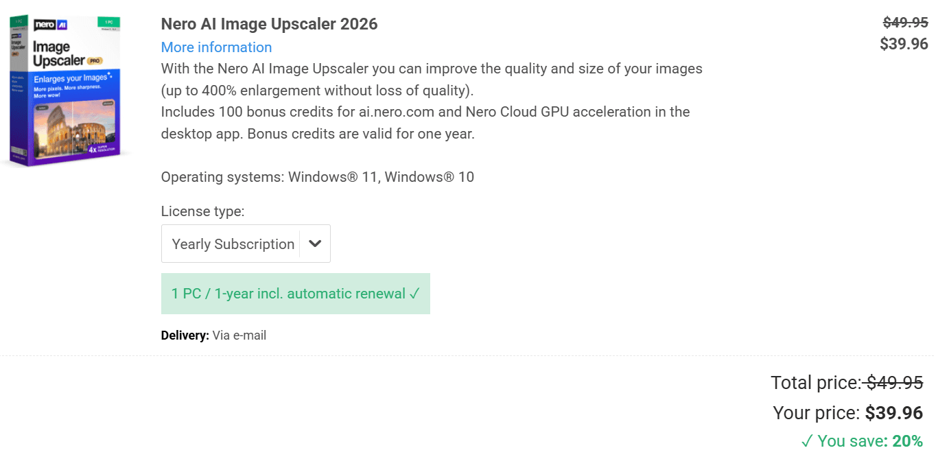 Nero AI Image Upscaler price