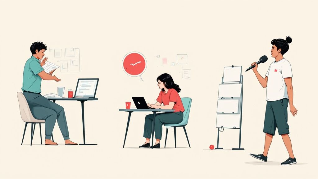 A lawyer dictating legal briefs into a laptop while in a modern office.