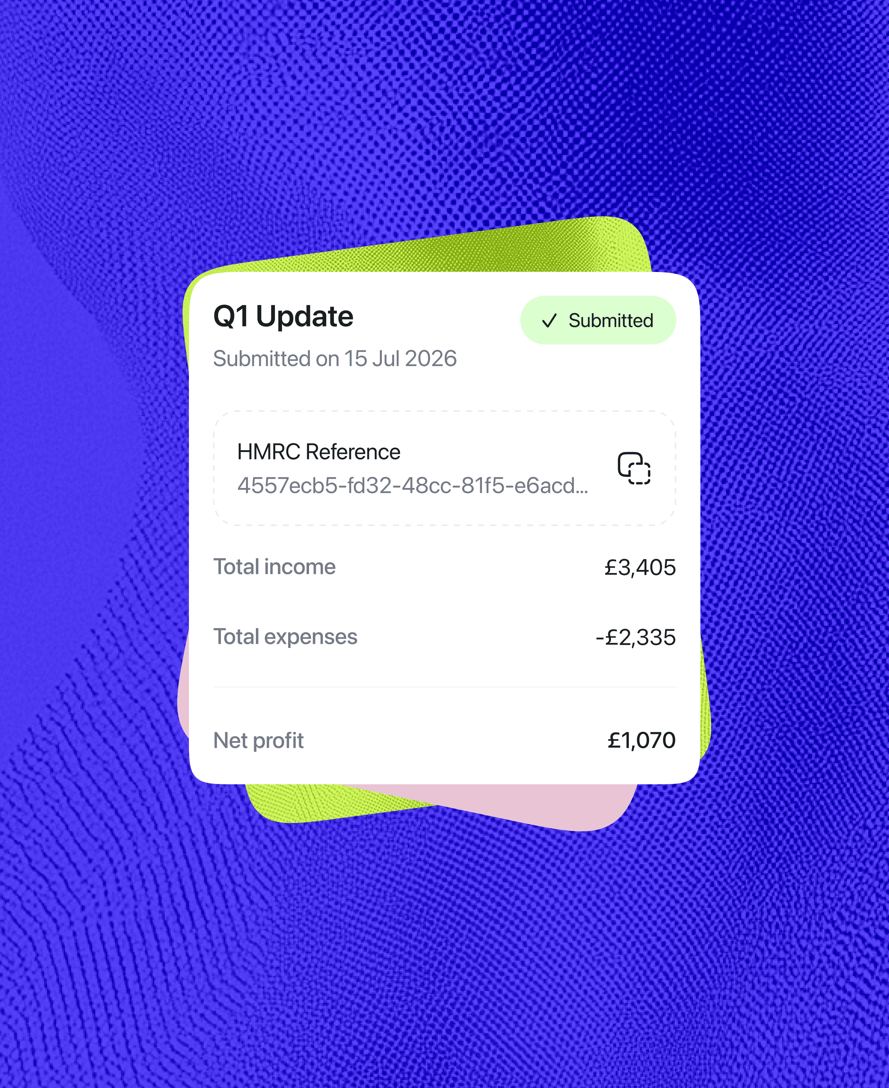 August Q1 MTD update screen showing Submitted status with HMRC reference number, total income of £3,405, total expenses of £2,335, and net profit of £1,070