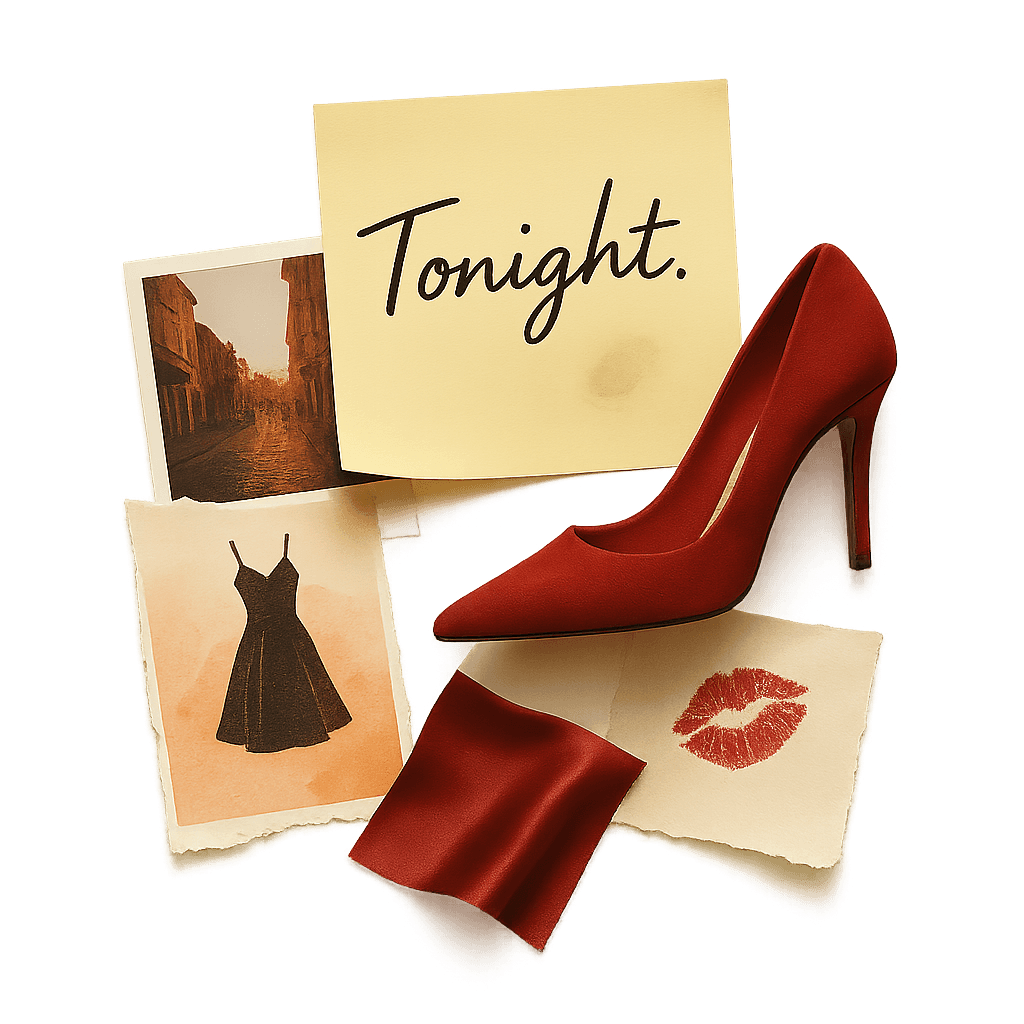 Polaroid photos with Tonight sticky note and red high heel shoe representing outfit planning